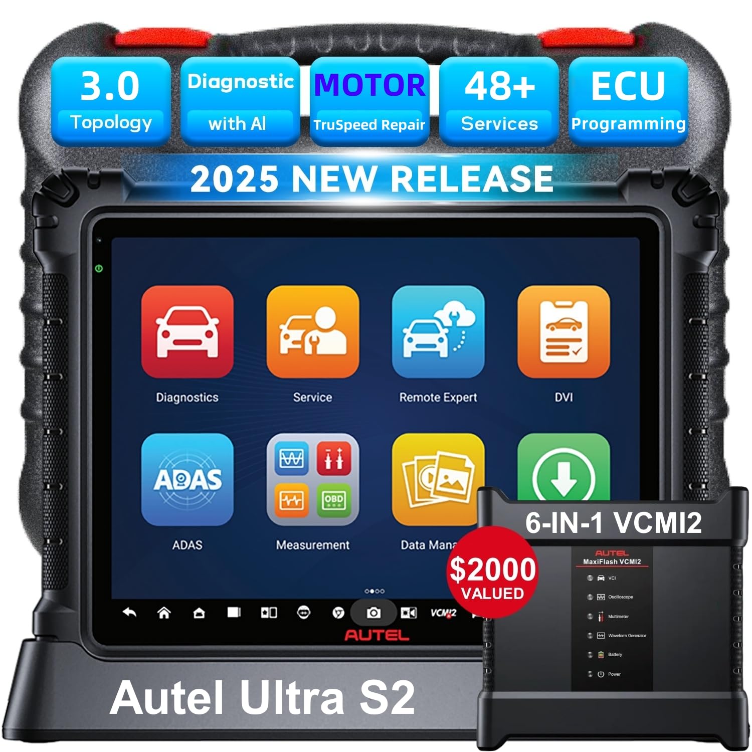 Autel MaxiSys Ultra S2 Scanner, 2025 Top Intelligen Scan Diagnostic with AI, 6-in-1 VCMI2, Up of MSUltra MS919, Topology 3.0, Multi-Point DVI, Motor Truspeed Repair, EV Test, 48+ Service, ECU Program