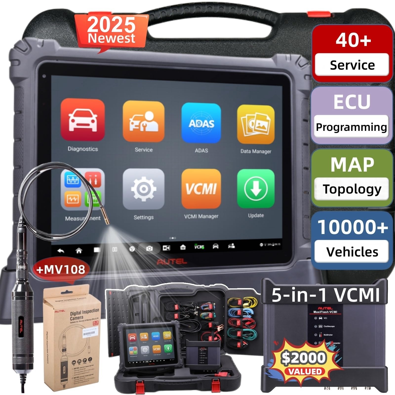 Autel MaxiSys Ultra Scanner, 2025 Top Intelligent Scan Tool with MV108 & 5-in-1 VCMI [$2000], Up of Ultra Lite/ MS919/ MS909 S2/ Elite, Motor TruSpeed, Topology Map 2.0, 40+ Service, Programming ﻿