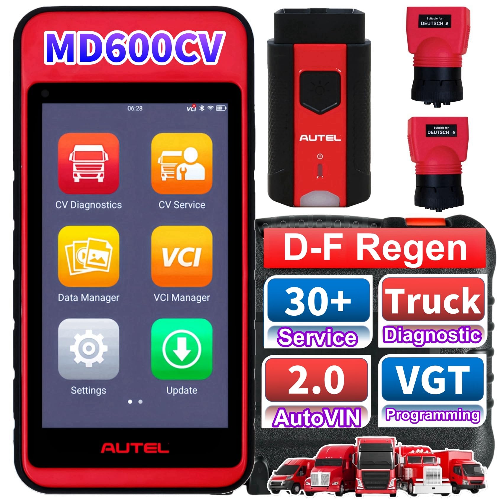 Autel MD600CV Heavy Duty Truck Scanner with D-P*F Regen/VGT Programming, Diesel Truck Full-System Diagnostic Scan Tool, 30+ Reset for Cummins, Detroit, Caterpillar, Volvo, Paccar, Dodge, Hino,Thomas