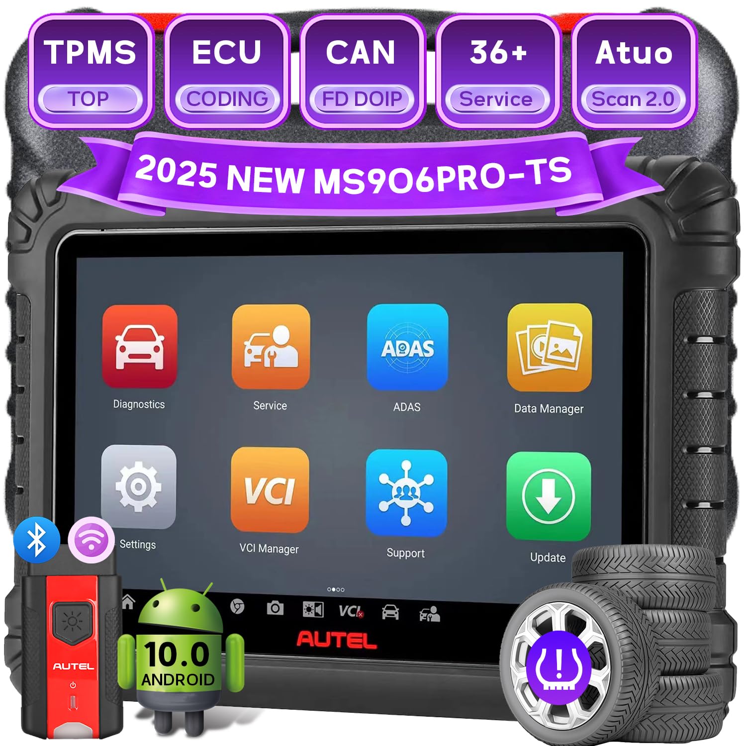 Autel MaxiSYS MS906pro TS Autel Scanner Upgrade of MS906 Pro/ MS906TS/ MK908 Top Car Scanner CAN FD/Do IP 36+ Services All System Diagnostic ECU Coding 3000+ Test FCA OS 10