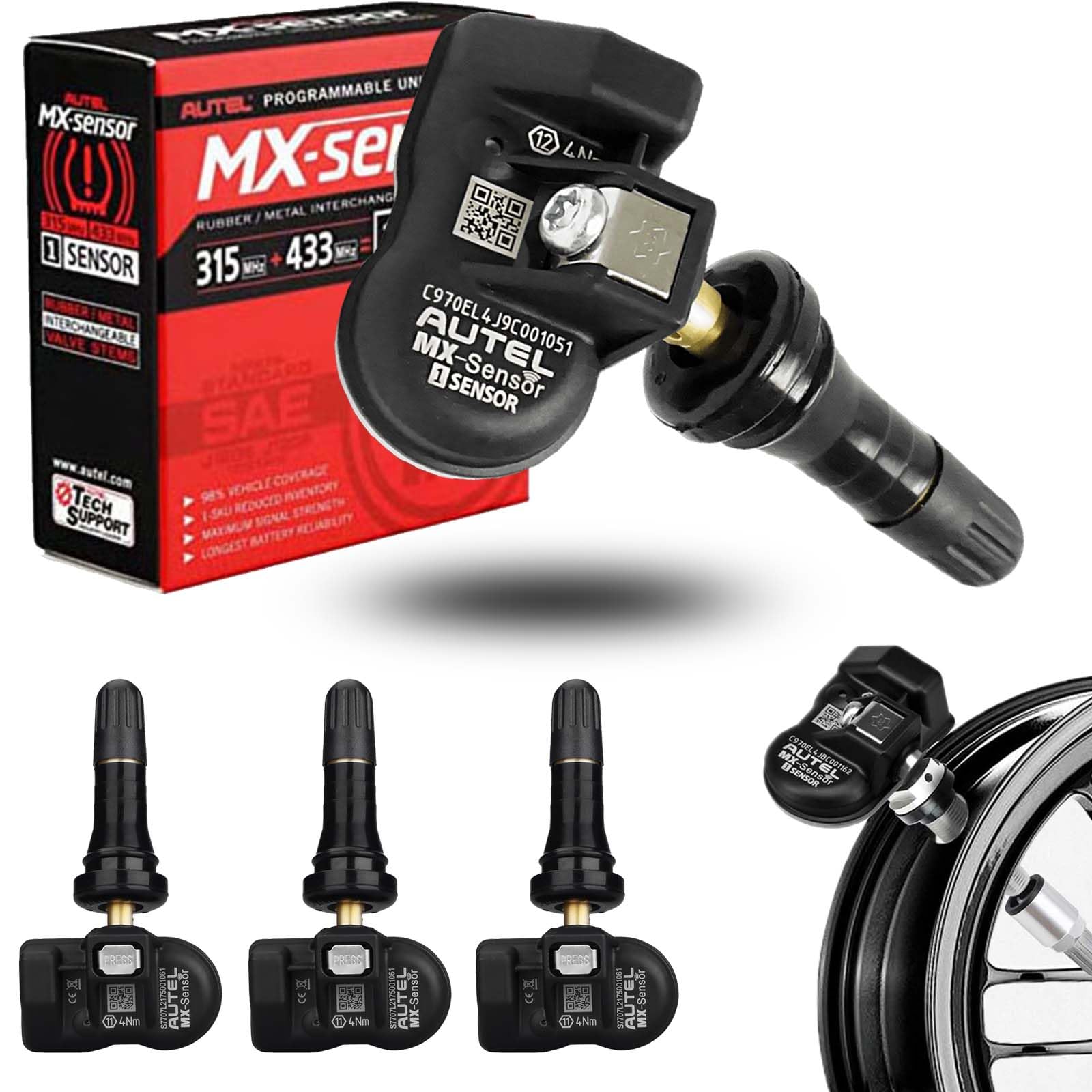 Autel TPMS Sensor MaxiTPMS Autel MX Sensor 4pcs Universal Tire Sensor Dual Frequency 315MHz/433MHz TPMS Sensor Rubber Stem Programmable by TS508 TS408 TS508WF TS608 MS906TS ITS600 MS906PRO-TS