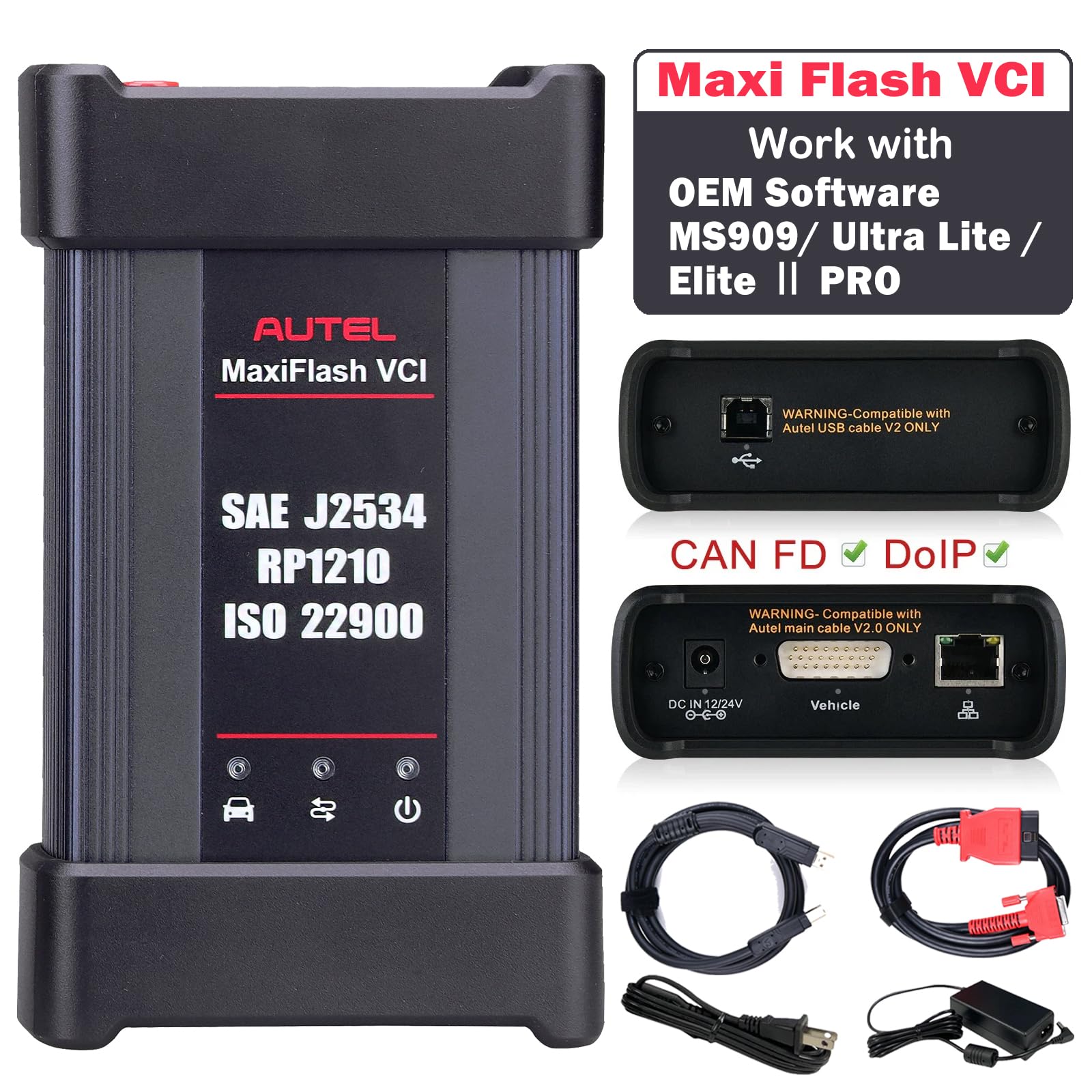 Autel MaxiFlash VCI Kit J2534 Reprogramming Tool J2534 PassThru ECU Programming Tool Support CAN FD 4 CAN Channels DoIP D-PDU Autel Bluetooth VCI Works with PC MS909 MS909EV MS909CV