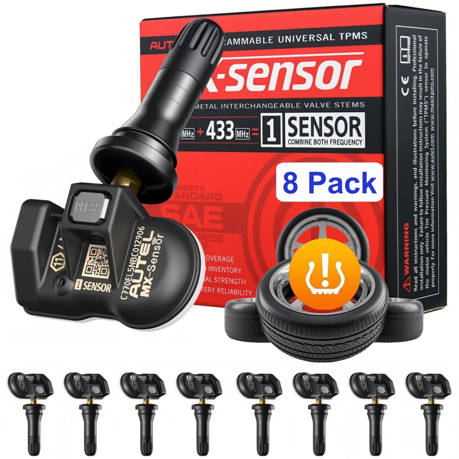 Autel TPMS Sensors 2in1 Dual Frequency (315MHz + 433MHz) MX-Sensor Tire Sensor, OE-Level Universal TPMS Sensors Programmable by Autel TPMS Tool Compatible with TS408 TS508 TS608 (Rubber Stem 8pcs)