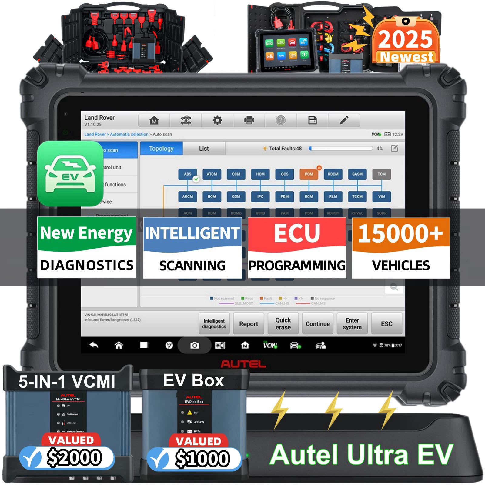 Autel MaxiSys Ultra EV Scanner, 2025 Top EV Intelligent Scan Diagnostic Tool, with 5-in-1 VCMI & EVDiag KIT, High-Voltage System & Battery Pack Analysis, Up of Ultra/ MS919/ MS909 EV, E-C*U Program