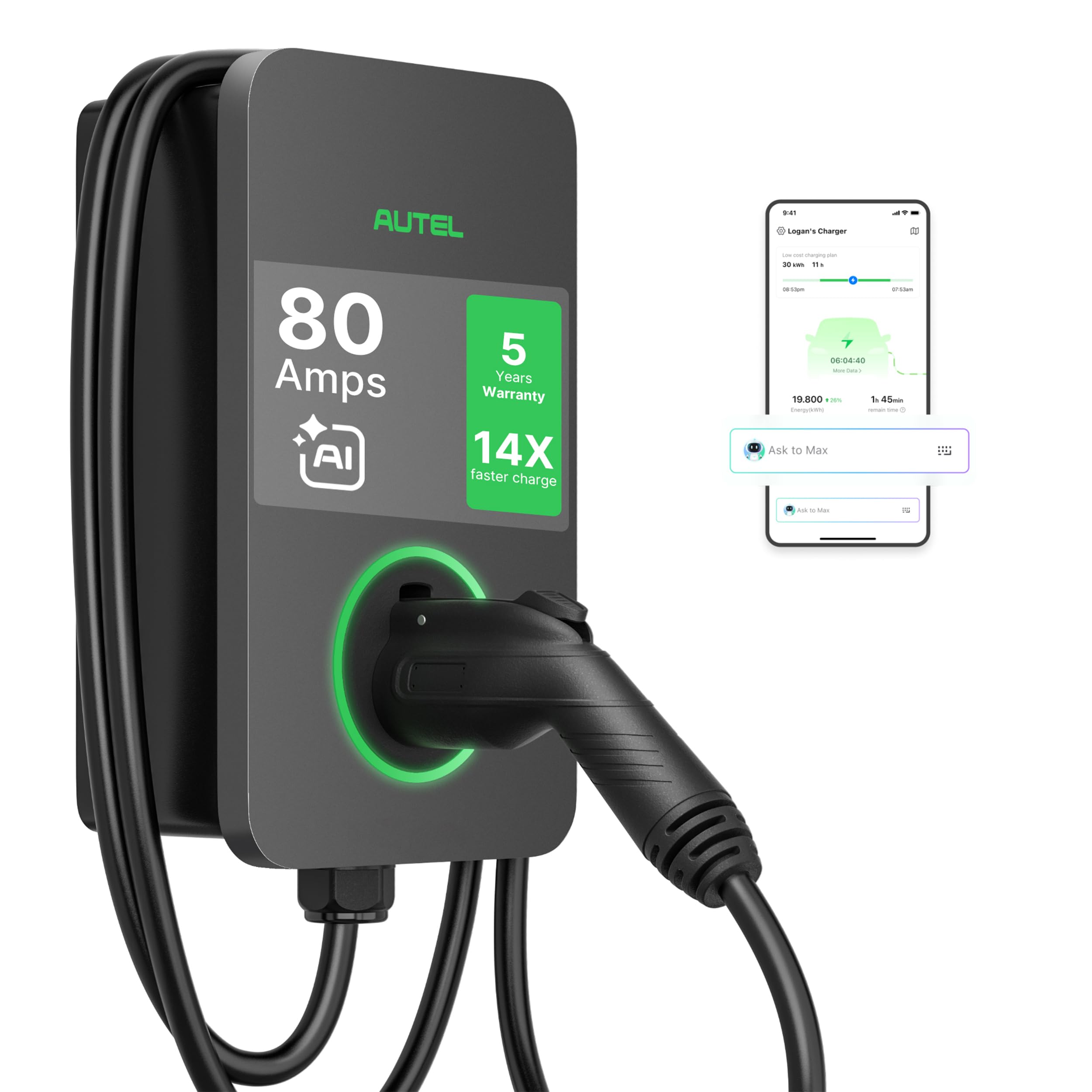 Autel MaxiCharger Level 2 Electric Vehicle (EV) Charger, up to 80 Amp Fast Charging EV Charger Level 2, Integrated Cloud with AI, Indoor/Outdoor Charging Stations J1772, Hardwired