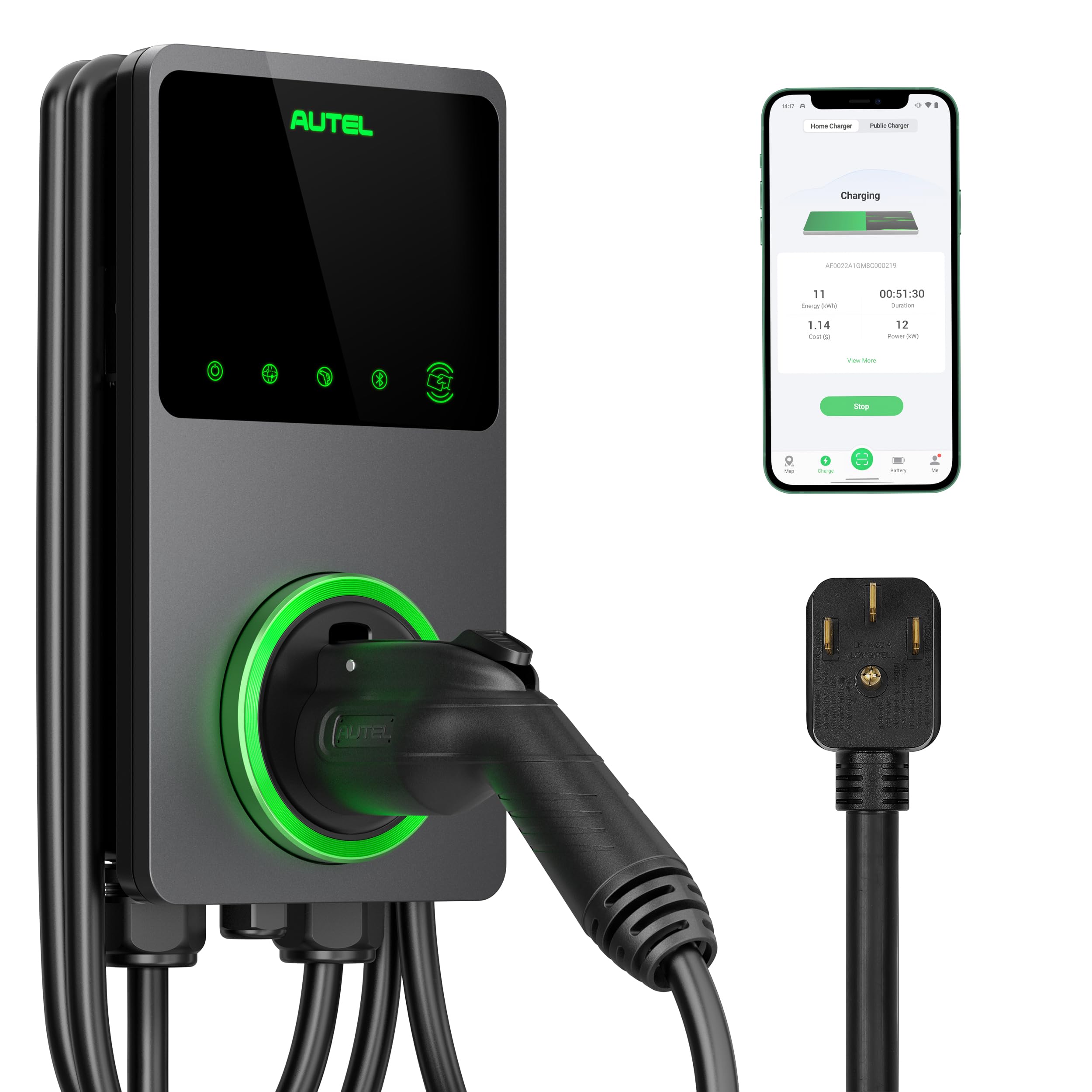 Autel Level 2 EV Charger 40 Amp Smart AI Electric Vehicle (EV) Charger, Wi-Fi and Bluetooth Enabled EVSE, Indoor/Outdoor Car Charging Station, with in-Body Holster and 25-Foot Cable(NEMA 14-50 Plug)