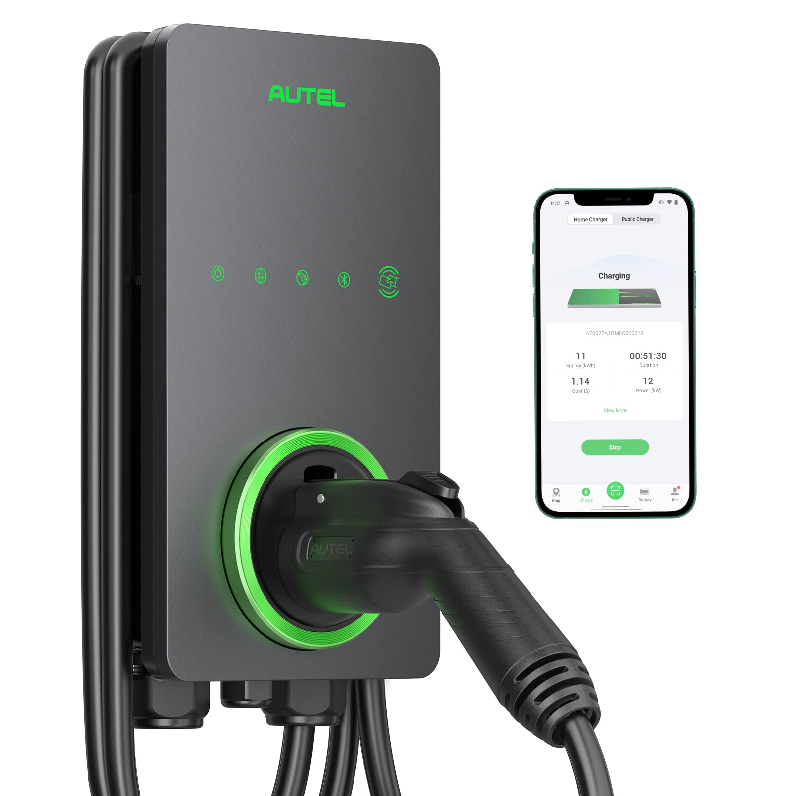 Autel Home Smart Electric Vehicle (EV) Charger up to 50Amp, 240V, Indoor/Outdoor Car Charging Station with Level 2, Wi-Fi and Bluetooth Enabled EVSE, 25-Foot Cable(Dark Gray)