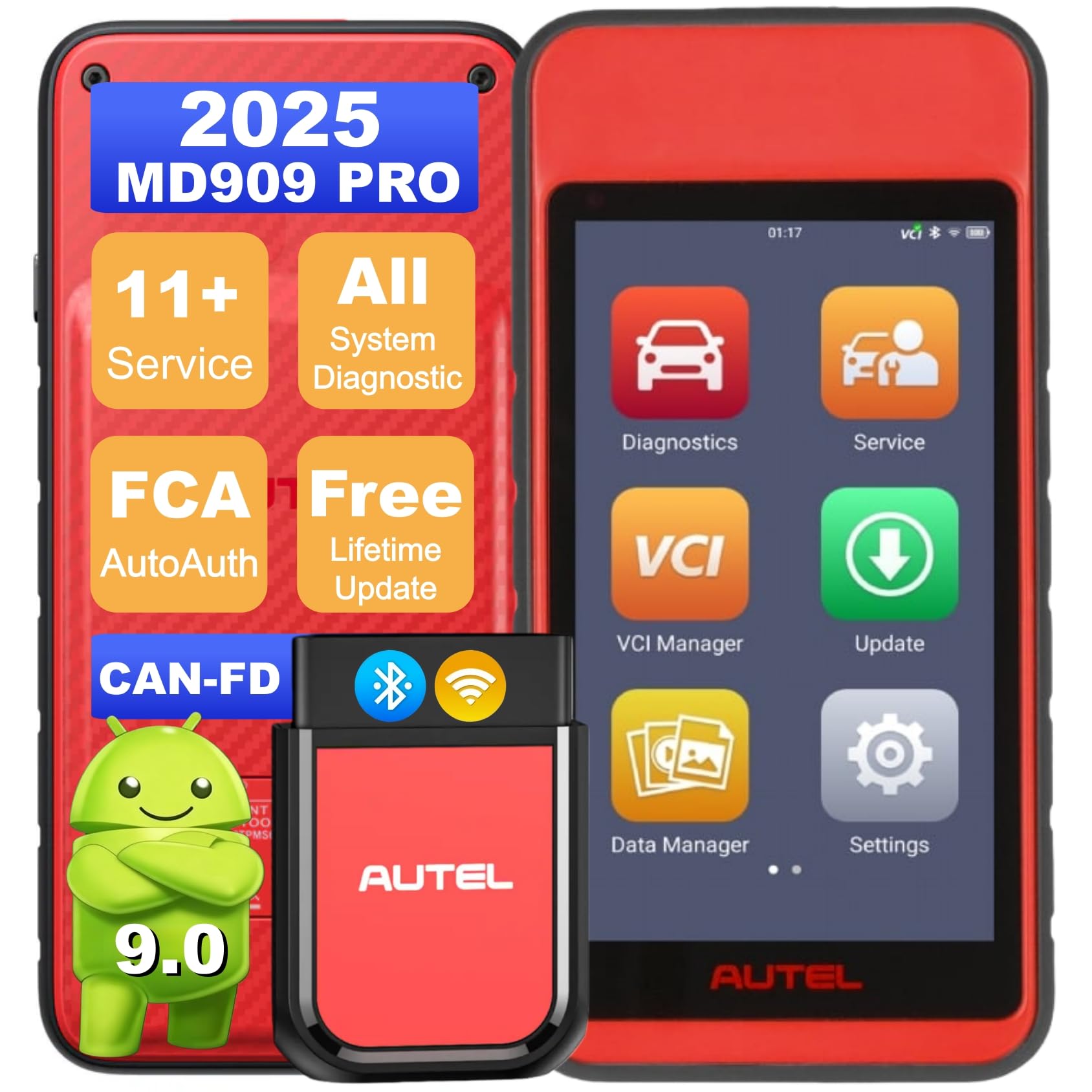 Autel MaxiDiag MD909 Pro OBD2 Scanner, 2025 BT Wireless All System Diagnostic Tool, MD909Pro Up of MD808Pro MD906Pro MD806 MD802, 11 Service Oil Reset ABS D-P-F etc, CAN FD, FCA SGW, Free Update