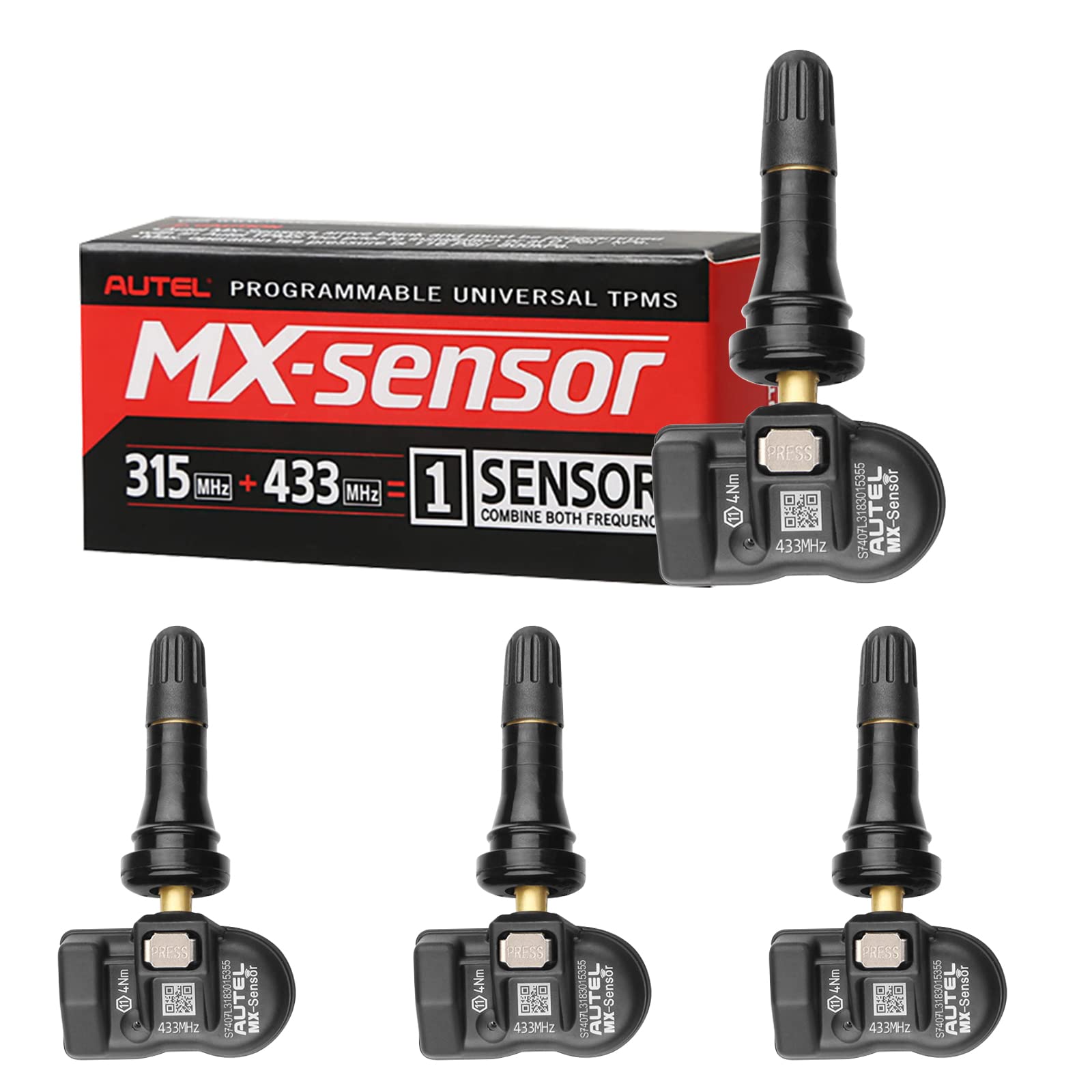 Autel MX-Sensor 315MHz+433MHz 2in1 TPS218 Tire Pressure Monitoring System - Universal Replace 98% of OE Sensors - SAE Standard J1205/J120 (Rubber Valve Stem, 4pack)