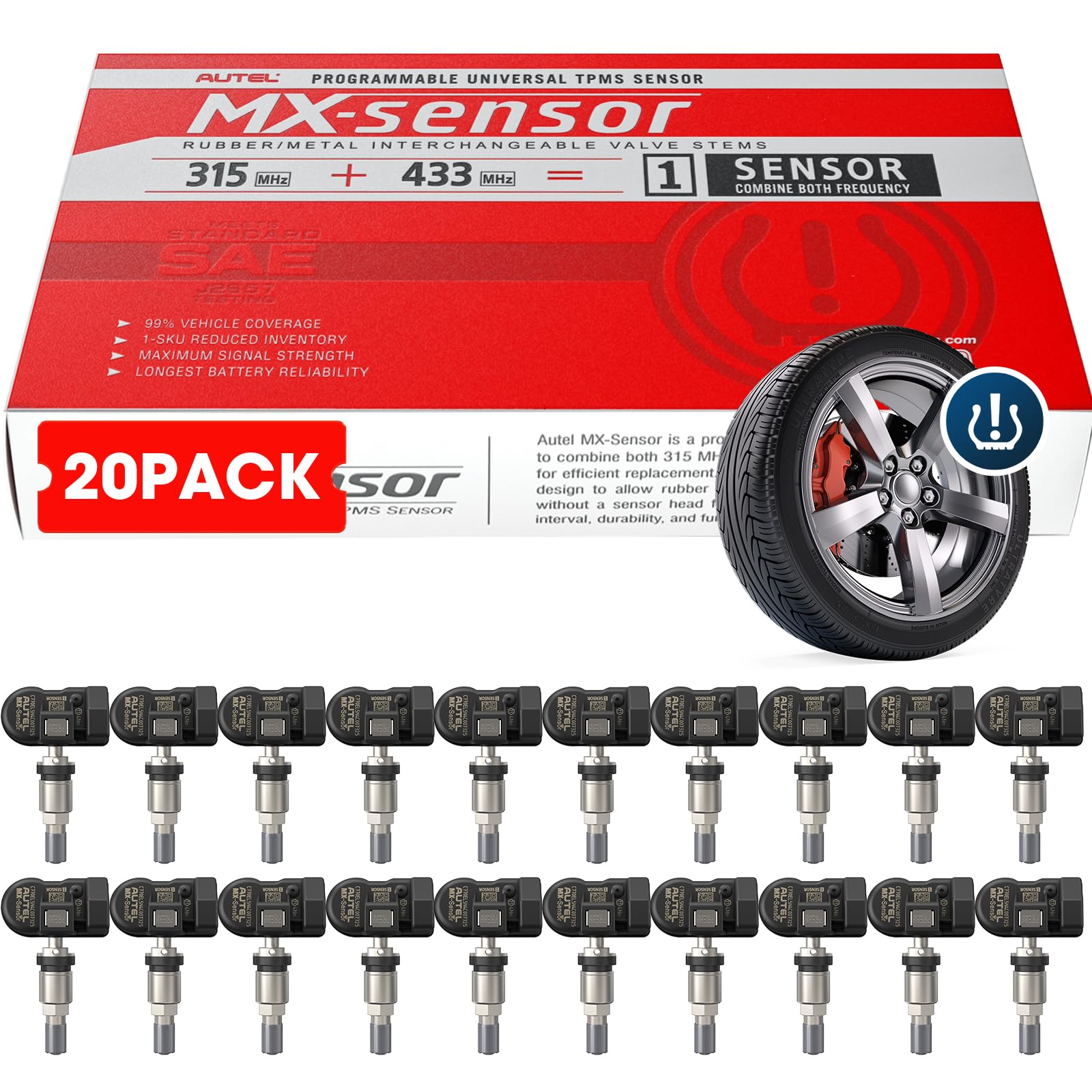 Autel TPMS Sensors 2in1 Tire Sensor Bulk of 20, TPMS Sensor Programmable by TPMS Tool TS408S TS501 PRO TS508WF MK808S-TS