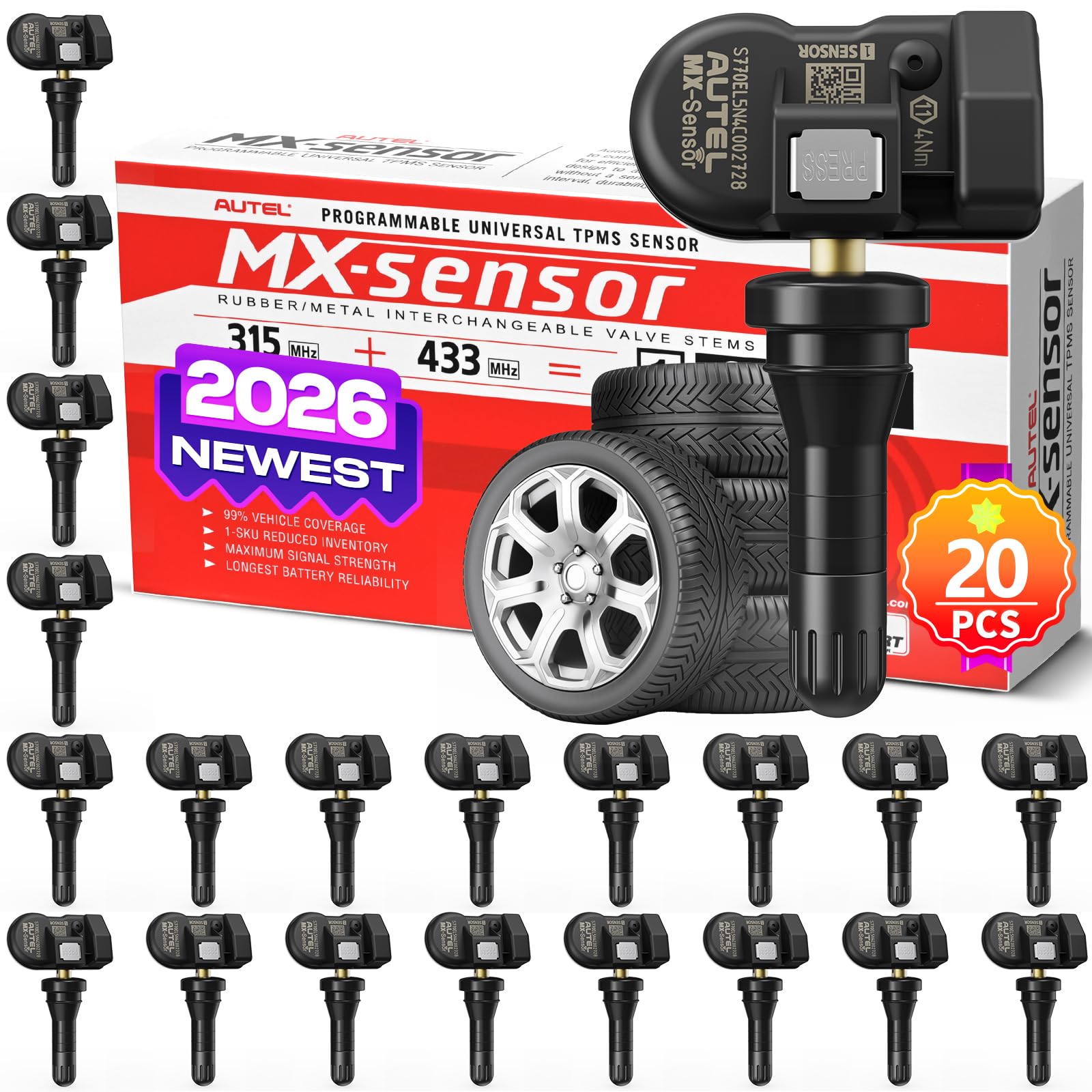 Autel TPMS MX Sensor 20 Pack, 315MHz/433MHz Tire Pressure Sensor, Universal Rubber Stem Programmed by TS408 TS508 WF TS601 TS608 MK808TS MS906PRO-TS ITS600 TPMS Tool