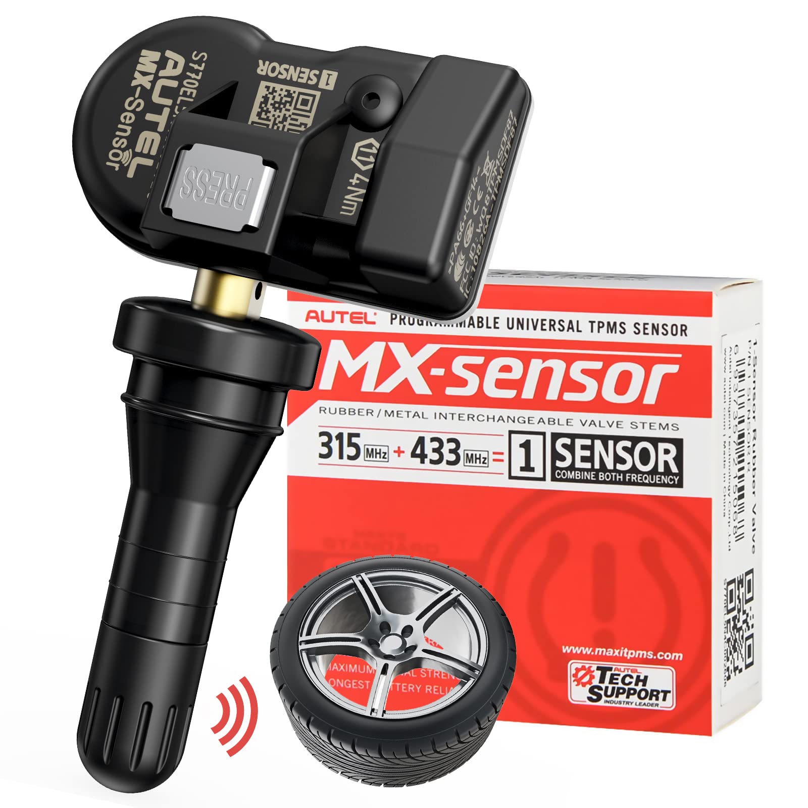 Autel TPMS Sensor 2in1 MX-Sensor 315Mhz/433Mhz Tire sensors, Press Release Rubber Stem Universal TPMS Sensors Programmable by Autel TPMS Tool Compatible with TS408S TS501 PRO TS508WF, 1 Rubber Sensor