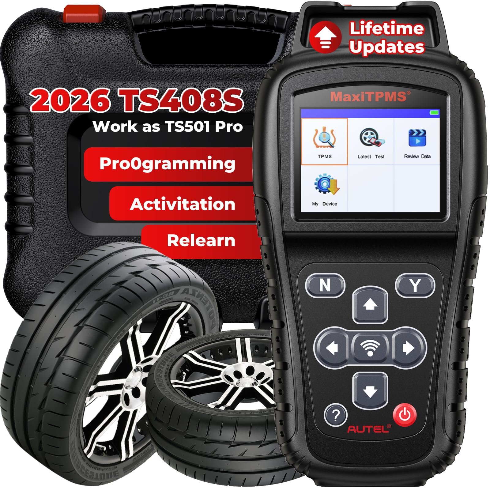 Autel MaxiTPMS TS408S, 2026 TPMS Relearn Tool Work as TS501 PRO TS508WIF MK808S-TS MP900TS, OBD II Pr0gramming for Autel MX-Sensor, OEM Sensor(315 433Mhz) Relearn, Activation, Reset, Read Clear DTCs