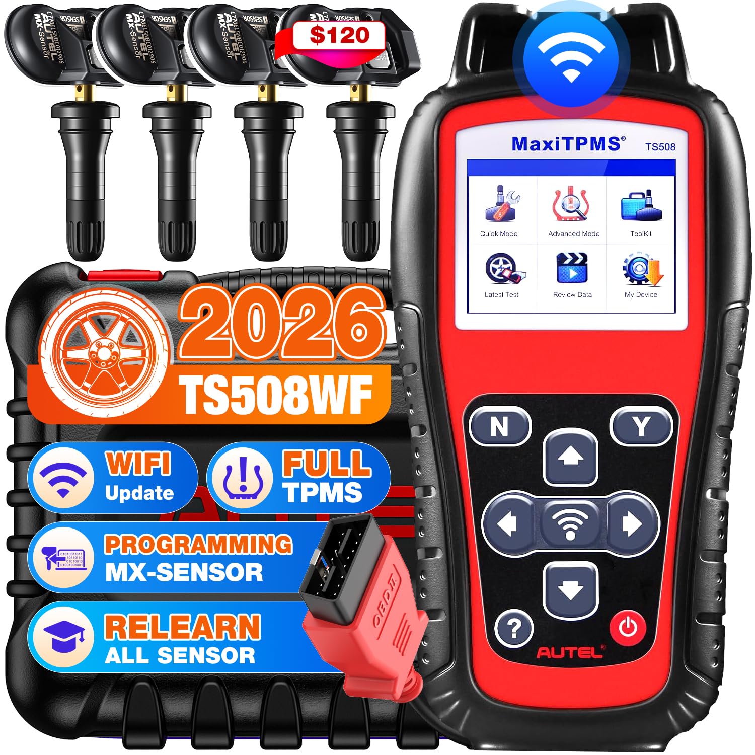 Autel MaxiTPMS TS508WF KIT, 2026 TPMS Programming Relearn Tool with 4PCS Autel MX Sensor ($120), WiFi Ver. of TS601 TS508 TS501 PRO, Relearn/Activate All TPMS Sensor, TPMS Reset, Lifetime Free Update