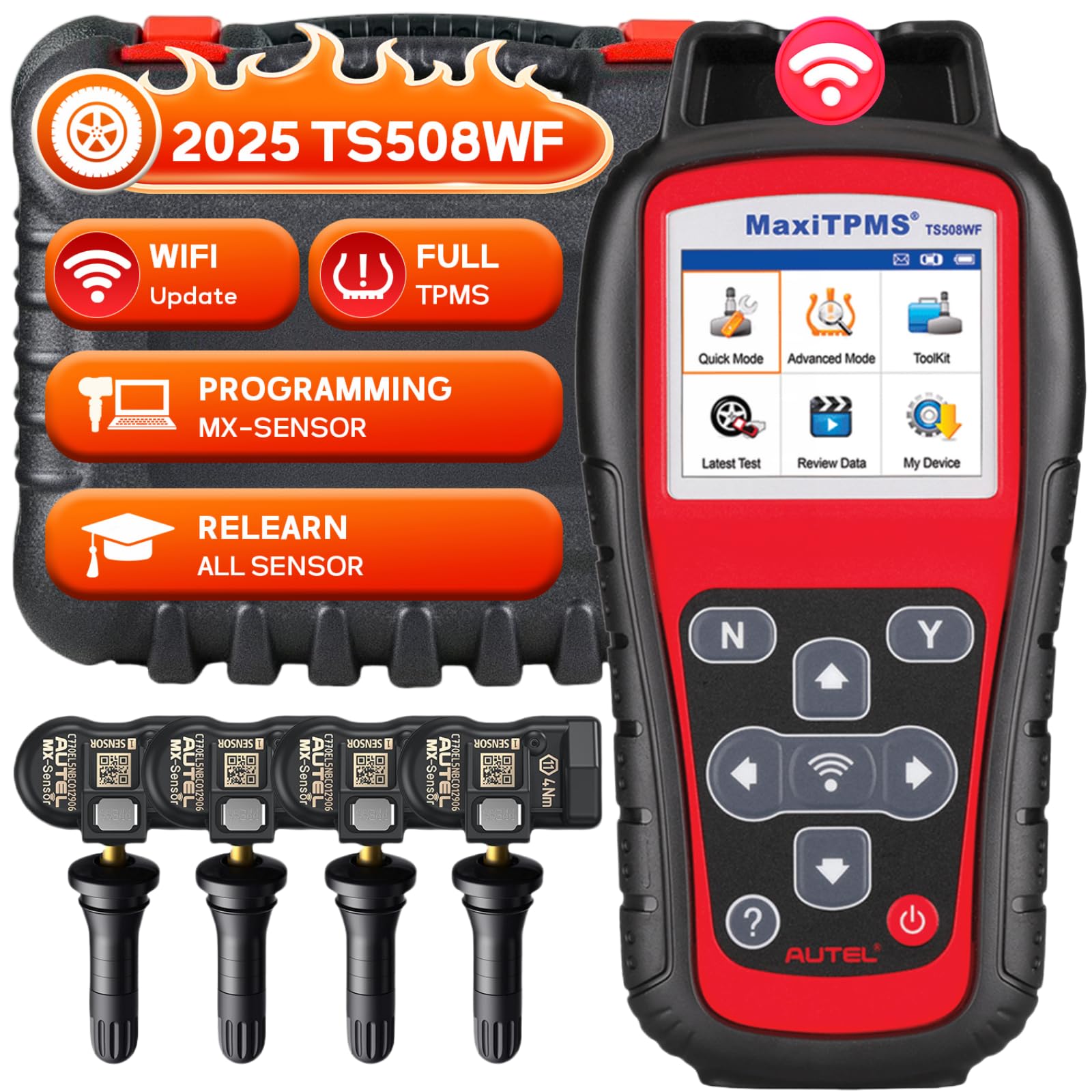 Autel MaxiTPMS TS508WF KIT 2025 WiFi Ver TPMS Programming Tool with 4pcs MX Sensors TPMS Relearn/Reset Activate/Read/Copy Sensors Free Lifetime Update Upgrade of TS508K/TS508/TS501/TS601/TS408
