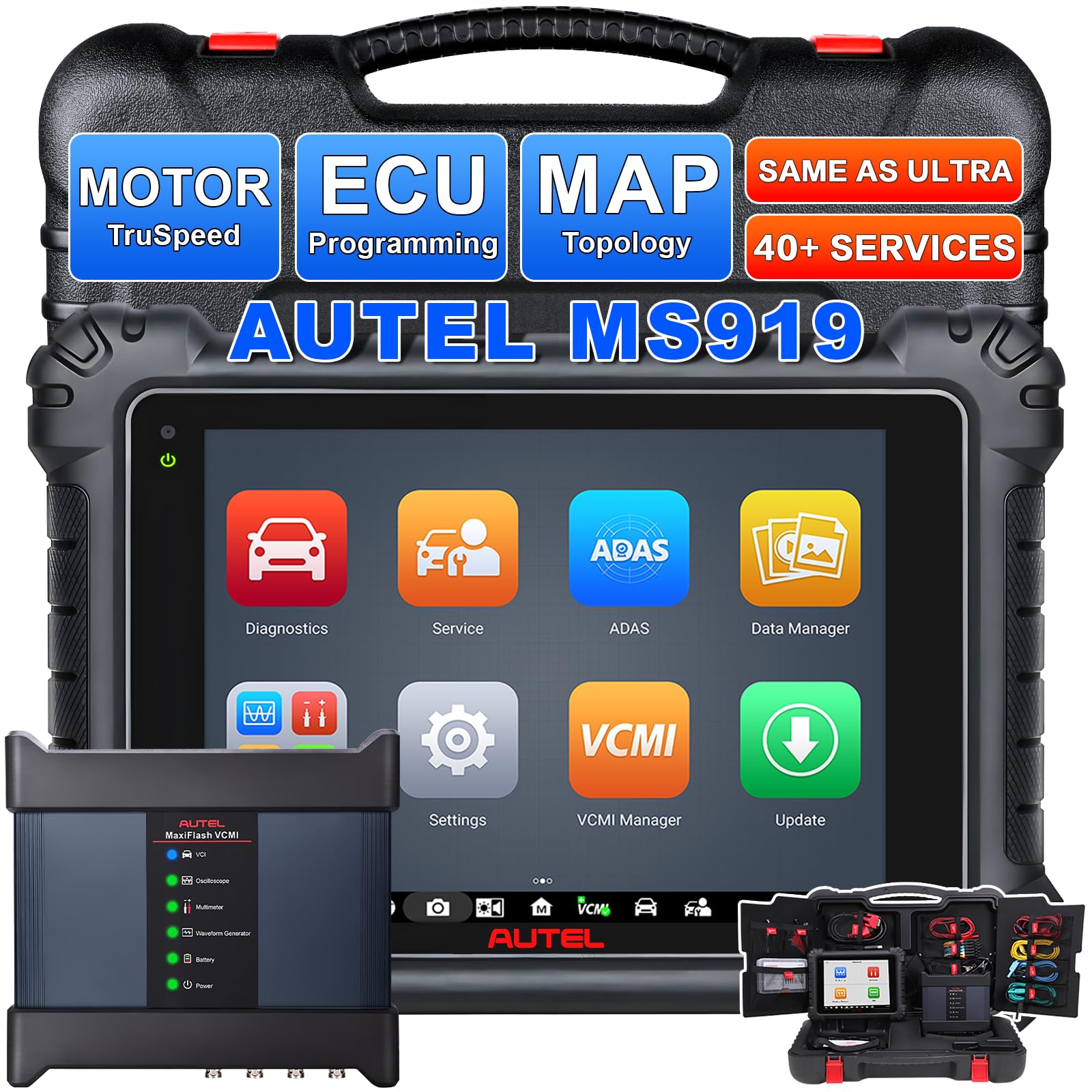 Autel MaxiSys MS919 Scanner, Same as MS Ultra and Up of MS909/ Ultra Lite/Elite 2, Motor TruSpeed, Color Topology 2.0, ECU Programming Coding, 40+Reset, 3000+ Active Test, [$2000] 5in1 VCMI