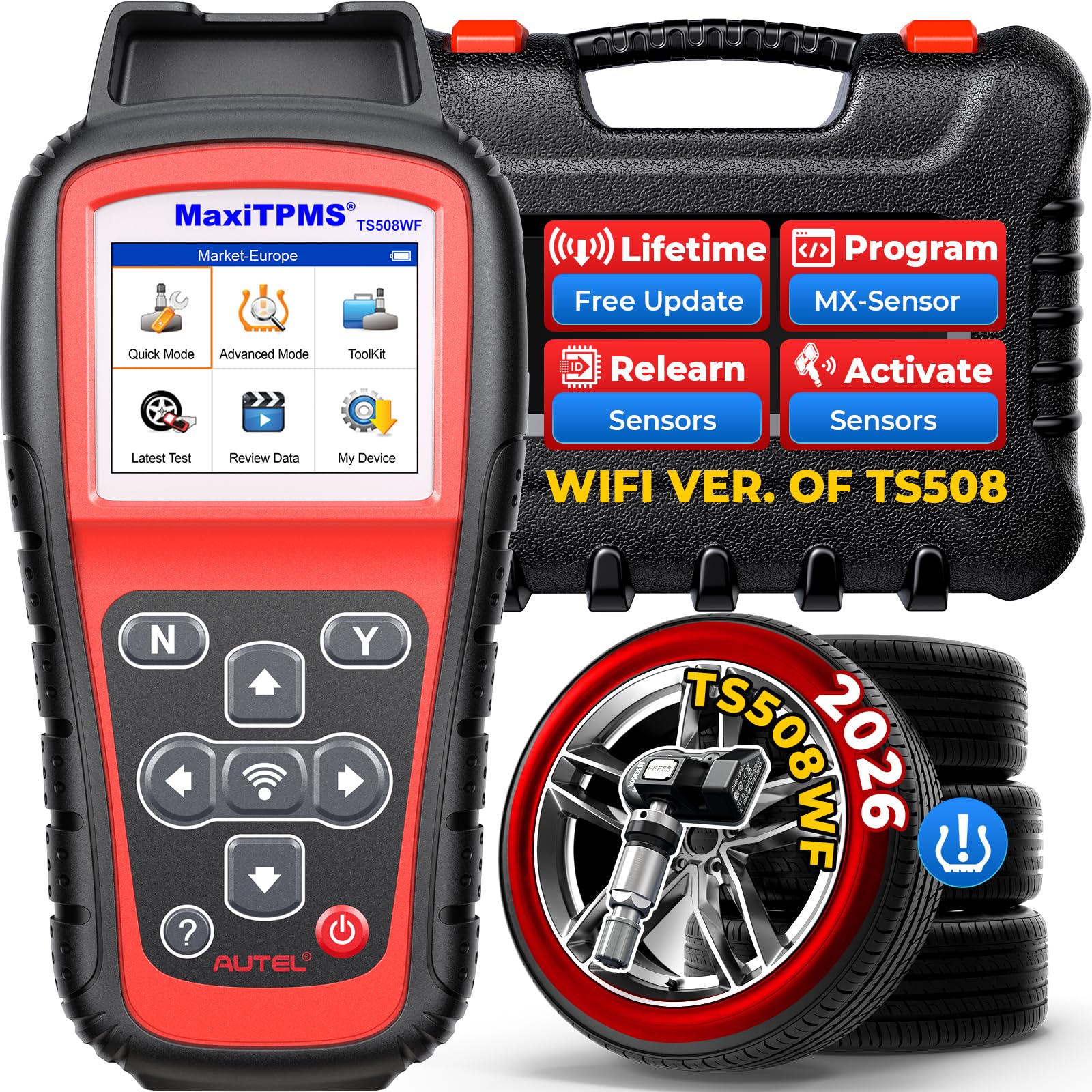 Autel MaxiTPMS TS508WF TPMS Programming Tool, 2026 WiFi Ver. of TS508 TS501 Pro TS408S, Program Autel TPMS Sensors (315/433MHz), TPMS Reset/Relearn/Activate All Sensors, TPMS Scan Tool Read/Clear DTCs