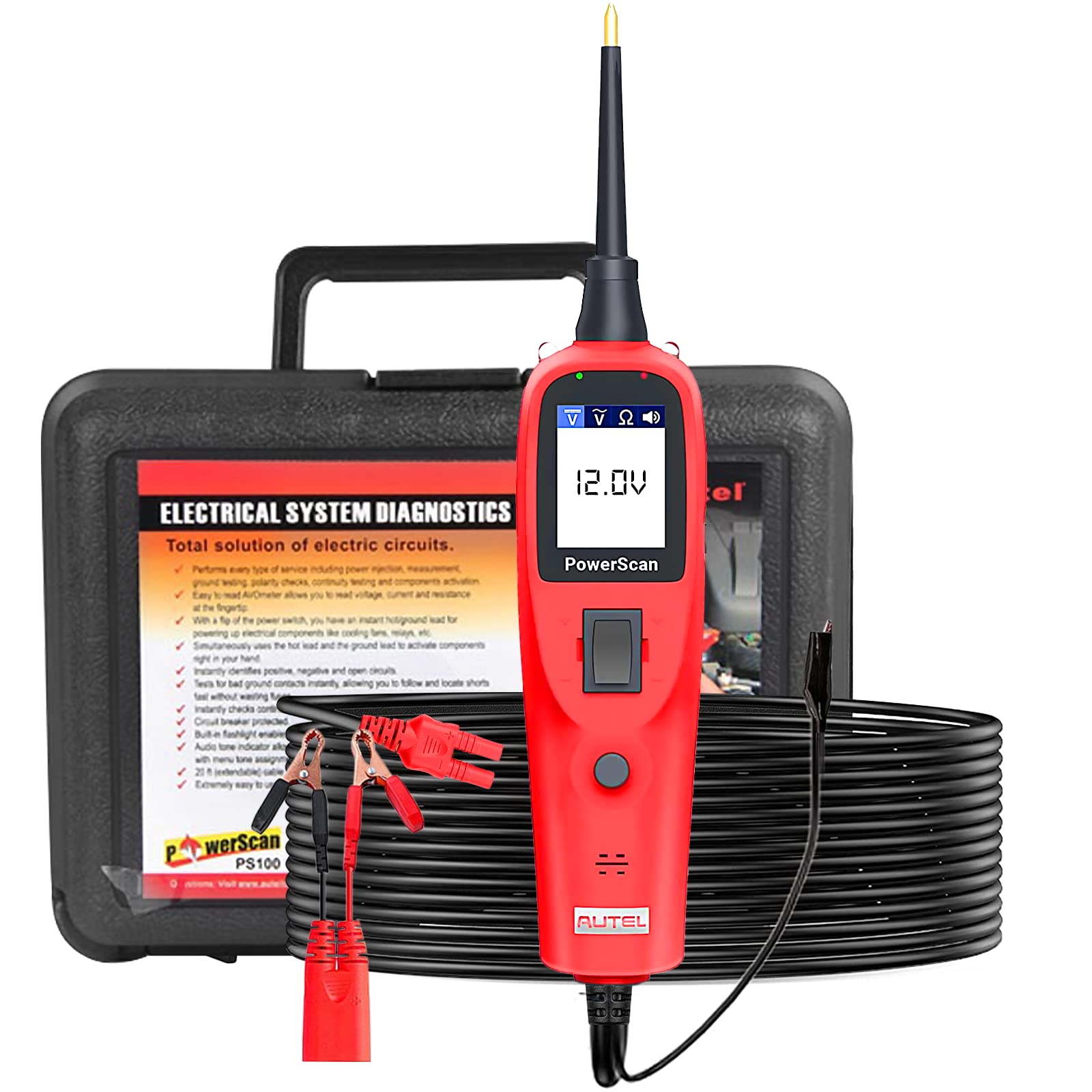 Autel PowerScan PS100 Circuit Tester, Universal 12V 24V Automotive Power Circuit Probe Kit with 20ft Extension Cable, AC/DC/Continuity/Probe/Signal Test, Activate Component Electrical System Tool