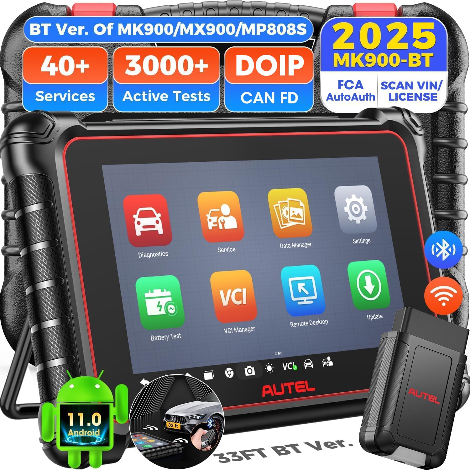 Autel Scanner MaxiCOM MK900BT, 2026 MK900-BT Bidirectional Diagnostic Scan Tool, 2.0 BT Ver. of MK900 MX900, 8in Up of MK808S MK808BT PRO MX808S MK808Z, 40+ Reset, 3K+ Active Tests, CAN FD & DoIP, FCA