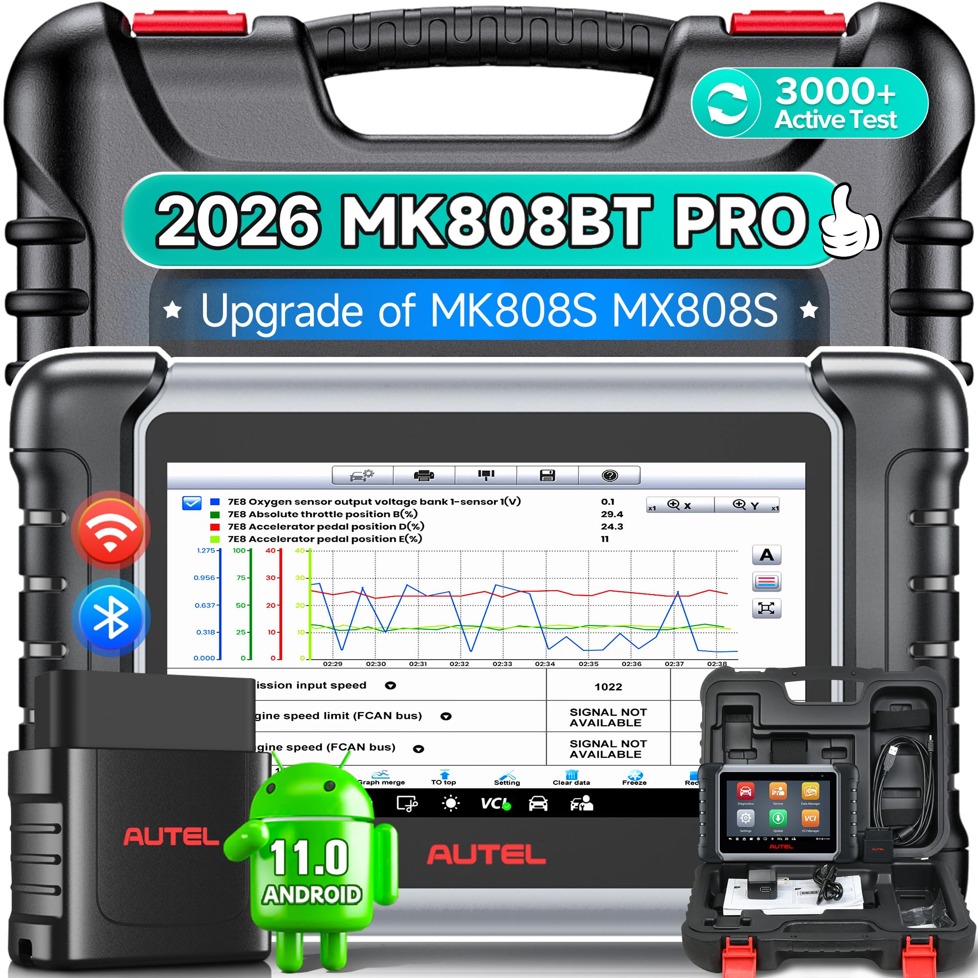 Autel Scanner MaxiCOM MK808BT PRO, 2026 2.0 Full Bidirectional Diagnostic Tool as MK900 MX900 MK900BT, Pro Ver. of MK808S MX808S, 3000+ Test, 28+ Service, All System, Brake Bleed, Injector Coding, FCA