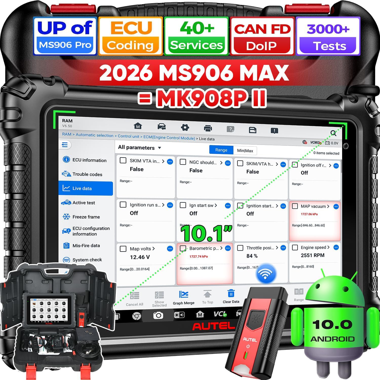Autel MaxiSys MS906MAX 10.1" Scanner, 2026 MS906 MAX 2.0 Up of MS906 PRO MP900BT MS908S MK908, OE Bidirectional Diagnostic Scan Tool, 3000+ Active Test, 40+ Reset, All Sys, Auto Scan 2.0, CAN FD DoIP