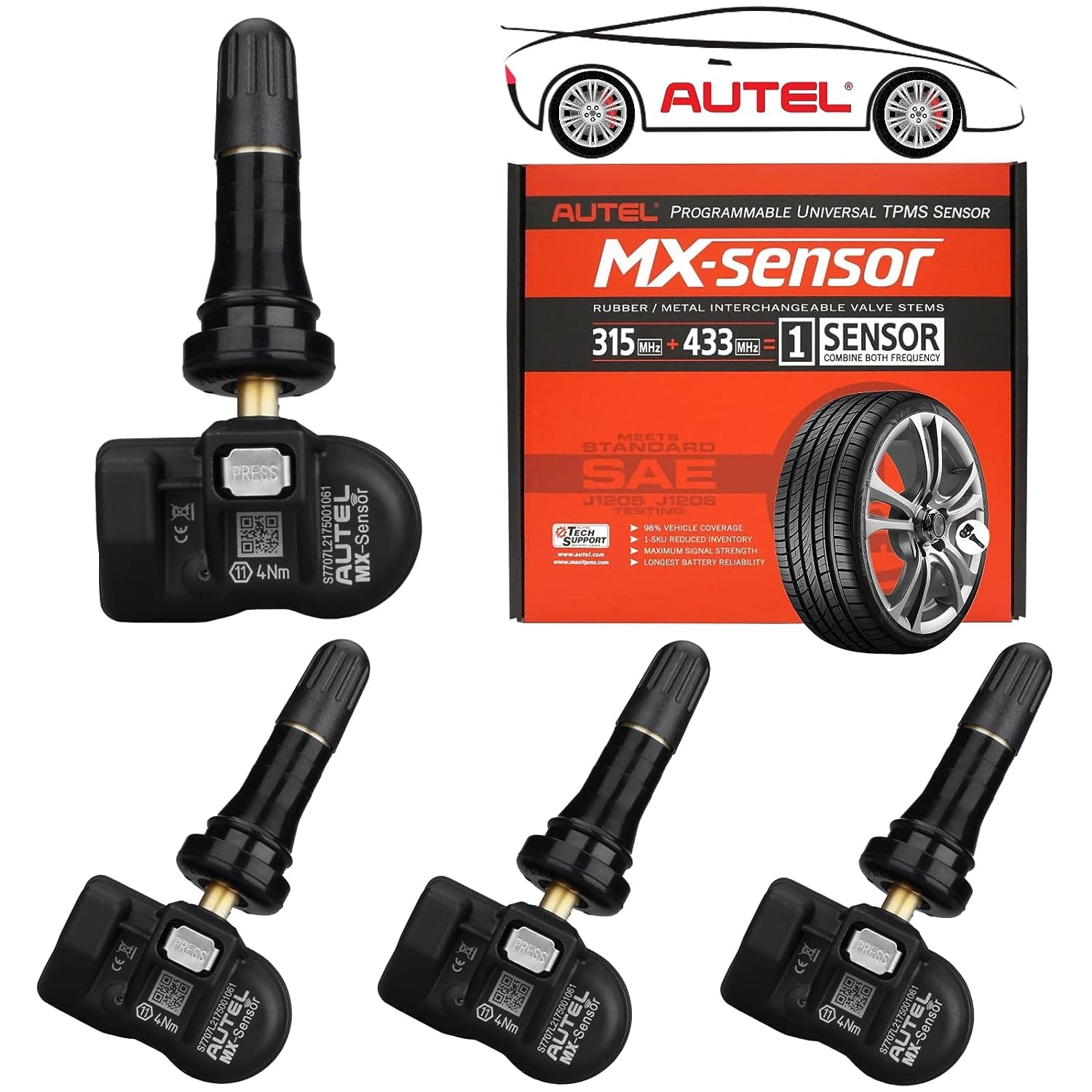 Autel TPMS Sensors 2in1 MX-Sensor 315Mhz/433Mhz Tire Pressure Sensor, Press-in OE-Level Programmable & Cloneable Wireless TPMS Sensors for All Vehicles, Program by Autel TPMS Tool (Rubber Stem 4pcs)