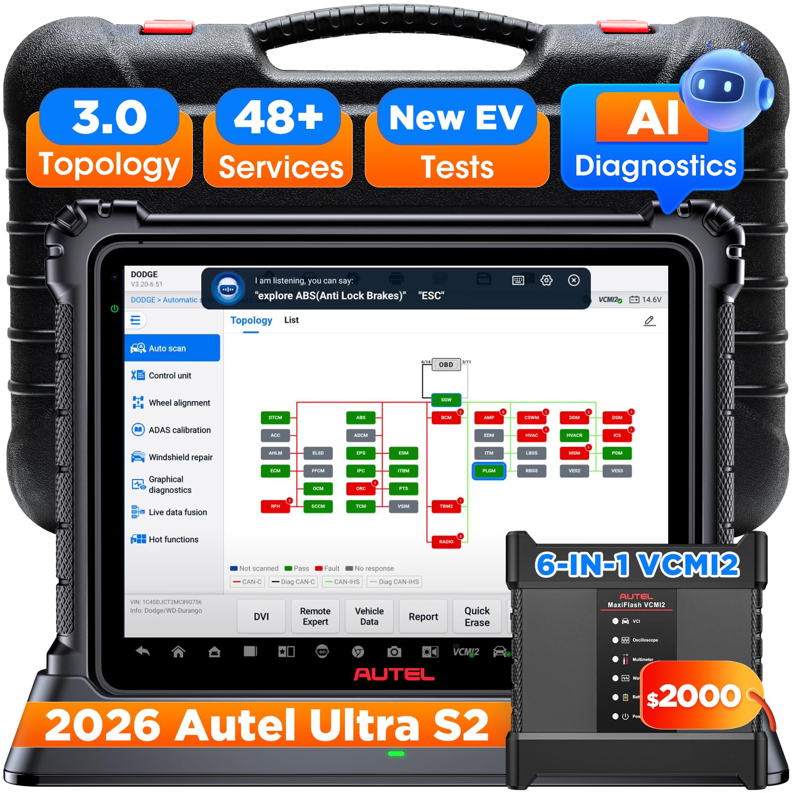 Autel MaxiSYS Ultra S2 AI Scanner: 2026 Top Intelligent Scan Tool, Up of Ultra EV MSUltra Elite II Pro MS909 MS919, 6-in-1 VCMI2, Topology 3.0, Motor Truspeed, 48+ Service, OE Programming, EV Tests