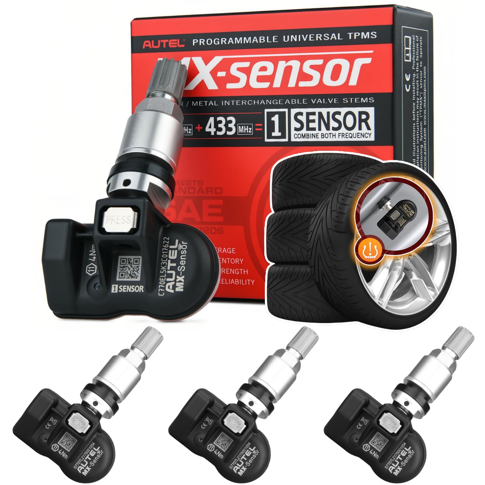 Autel TPMS Sensors, MX-Sensor 2in1 Dual Frequency 315MHz + 433MHz Press-in OE-Level Programmable by Autel TPMS Tool TS508WF/TS408/TS501/MX900-TS Universal Tire Pressure Sensors (Metal Stem Set of 4)