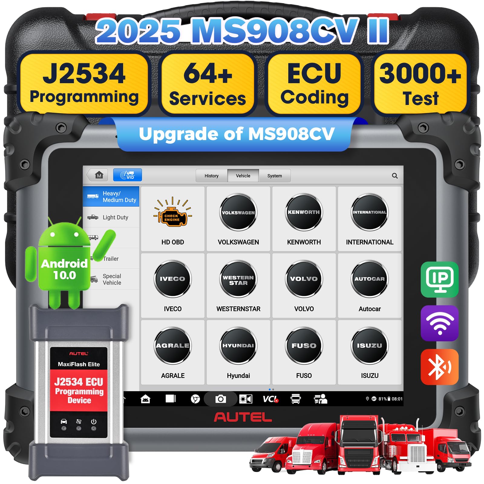 Autel MaxiSys MS908CV II 2026: Upgrade of MS908CV Heavy Duty Truck Diagnostic Scanner, Diesel Scan Tool w/ J2534 Pass-Through, 3000+ Test, 64+ Service Same as MS909CV, Auto Scan 2.0 10 OS