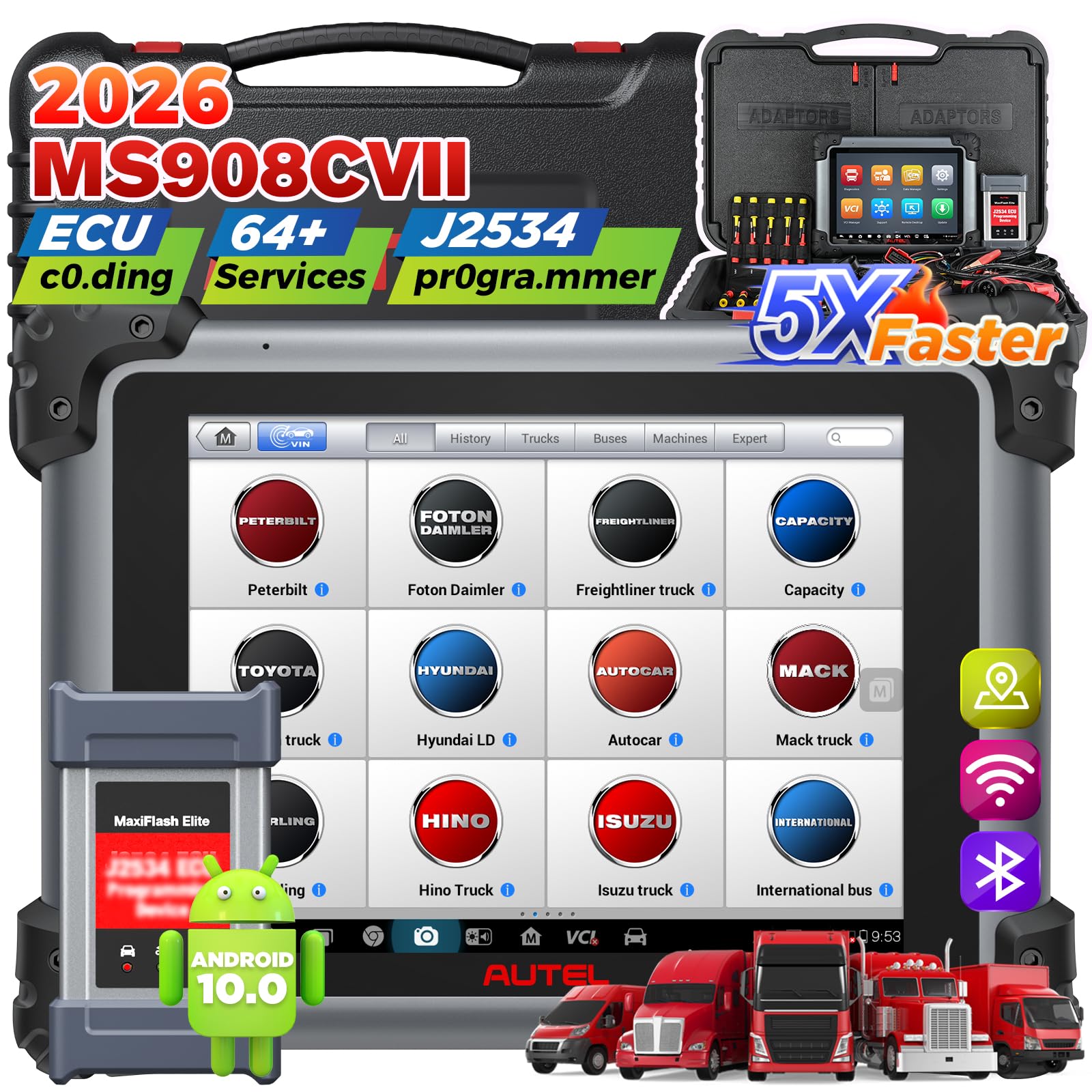 Autel MaxiSys MS908CV II: 2026 Heavy Duty Truck Scanner Upgrade of MS908CV, Same as MS909CV, Semi Truck Tool with J2534 Tool, C0ding, Active Test, 64 Service, Bluetooth Diesel Diagnostic Tool