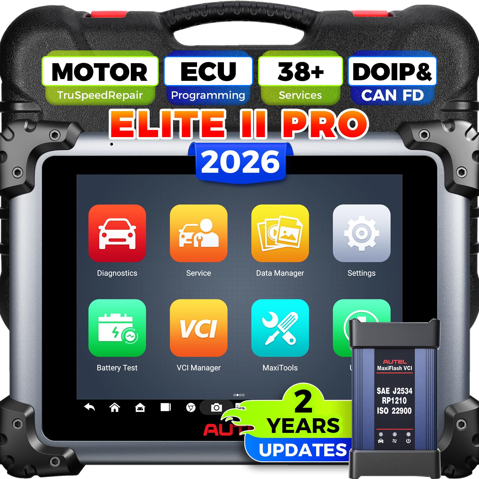 Autel MaxiSys Elite II Pro Scanner, 2026 2 Years Free Update Elite 2 Pro, J2534 Reprogramming Tool as Ultra MS909 MS919 Up of MS908SP II MK908P II, Motor TruSpeed, 45+ Resets, CAN FD DoIP, 3K+ Test
